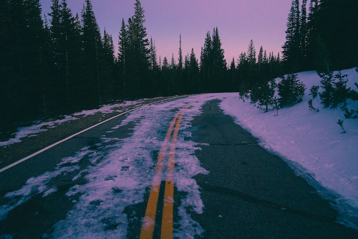 sunset over icy roads