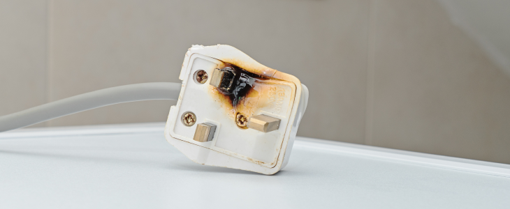 Close-up of a burnt electrical plug on a white surface in North Dakota, related to personal injury attorney