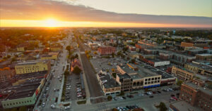 Aerial shot of downtown Fargo, North Dakota, on an overcast sunset in Fall.