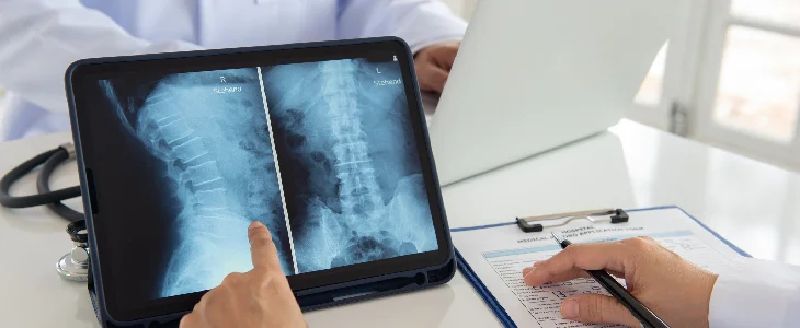 Doctor analyzing spine span to look for spinal cord injuries.