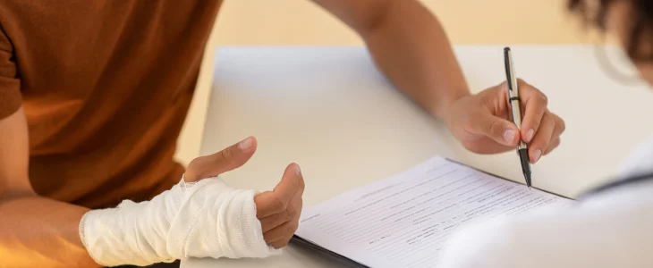 Filling out injury claim form for person with bandaged in ND. related to personal injury attorney