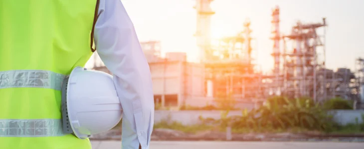 Worker in a high-visibility vest holding a hard hat, standing in front of an industrial plant at sunset in North Dakota, related to personal injury attorney