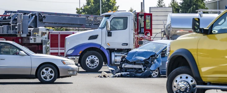 North Dakota multi-vehicle crash scene with truck and damaged car related to personal injury attorney