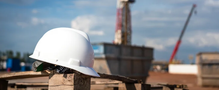Oilfield worker hat in front of an oilfield job site