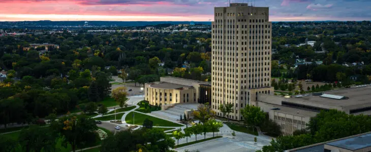 Aerial view of Capitol building in Bismarck, the capital city of North Dakota